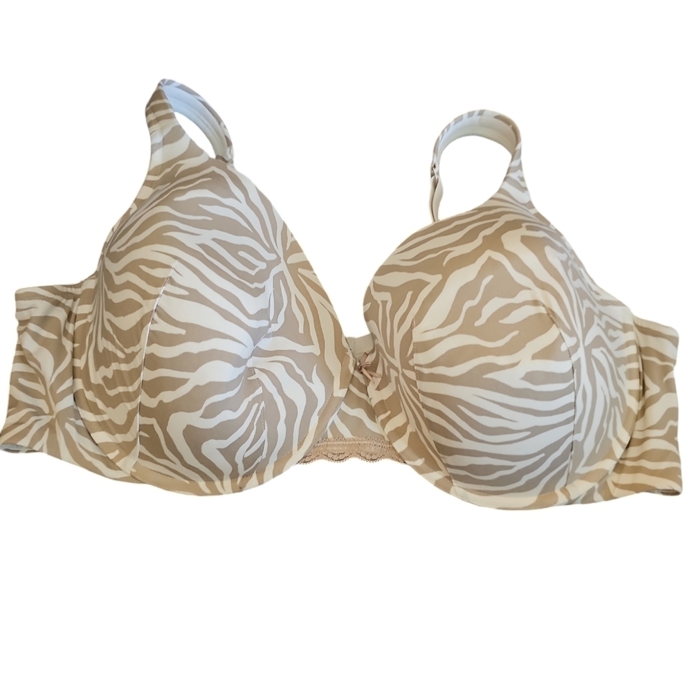 Cacique sz 52 D zebra print tan white lightly lined full coverage bra underwire